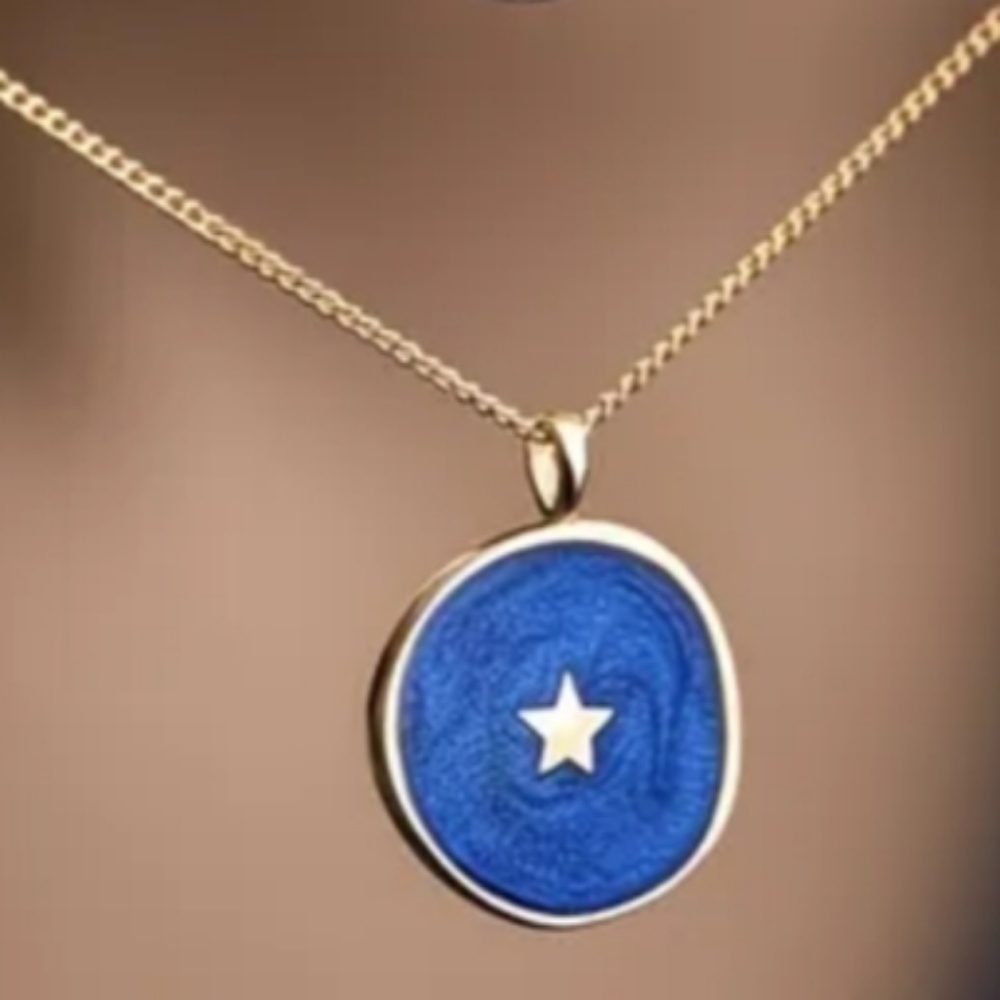 Gold and Blue Enamel Star Pendant Necklace